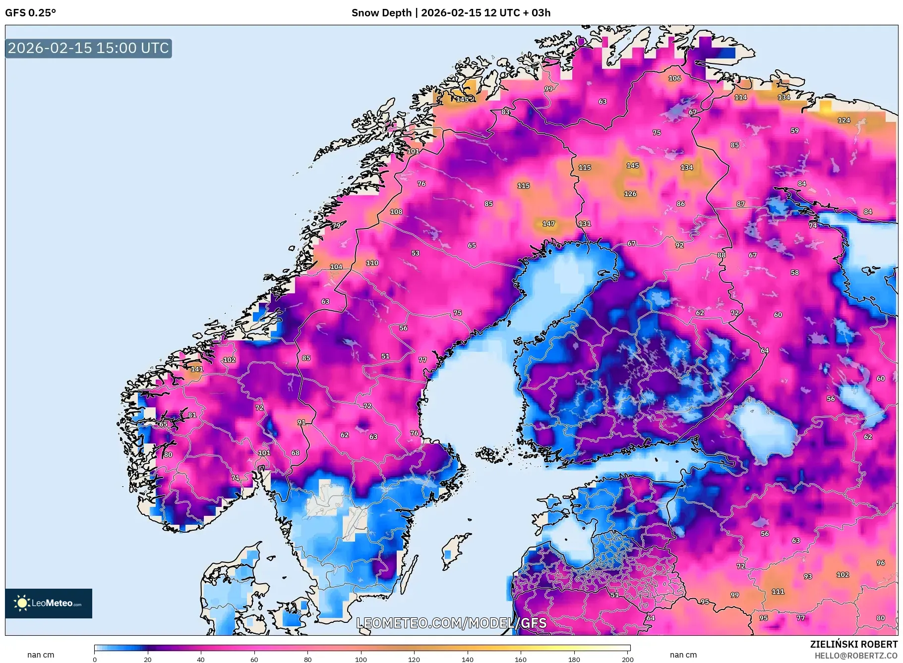 GFS model - Scandinavia, Snow Depth