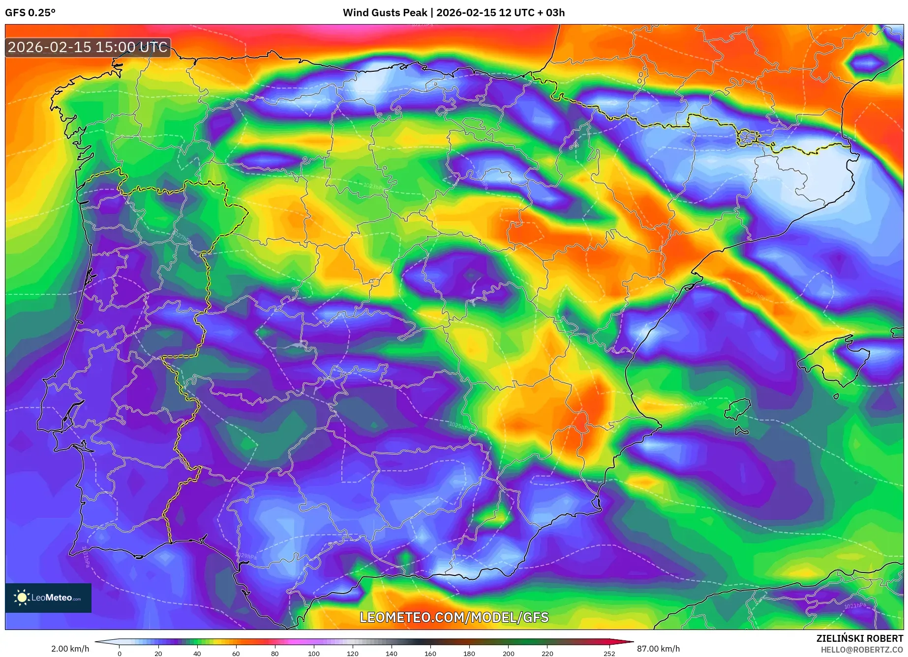GFS model - Spain, Wind Gusts Peak