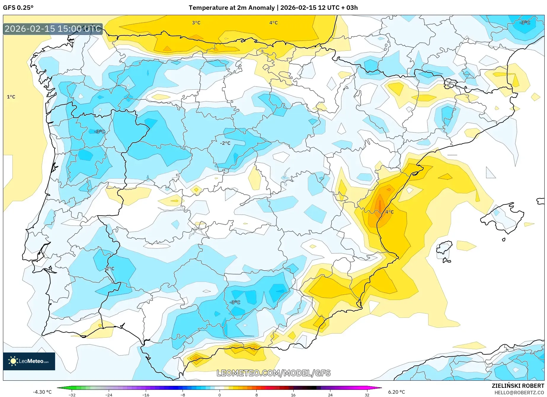 GFS model - Spain, Temperature at 2m Anomaly
