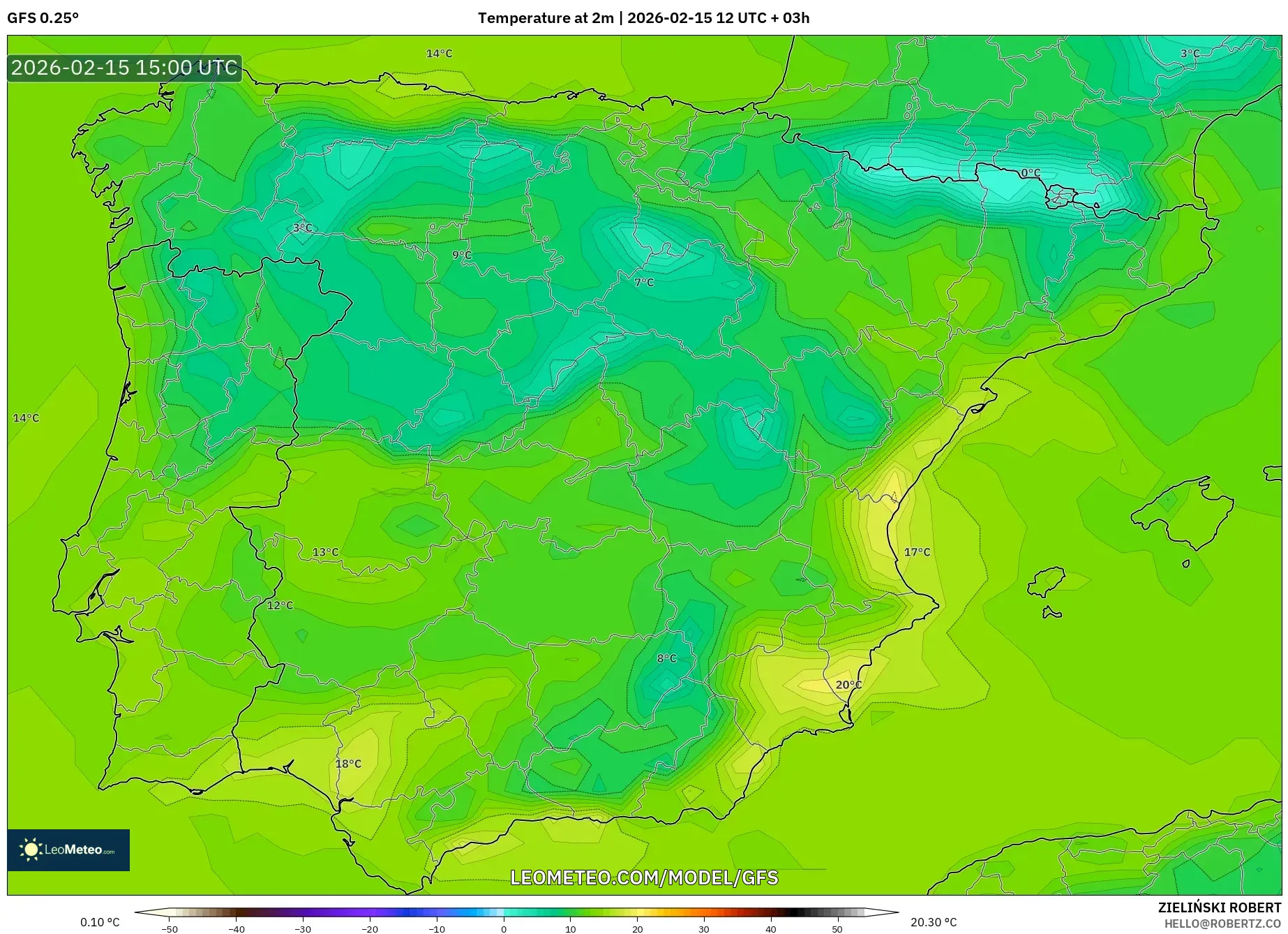 GFS model - Spain, Temperature at 2m