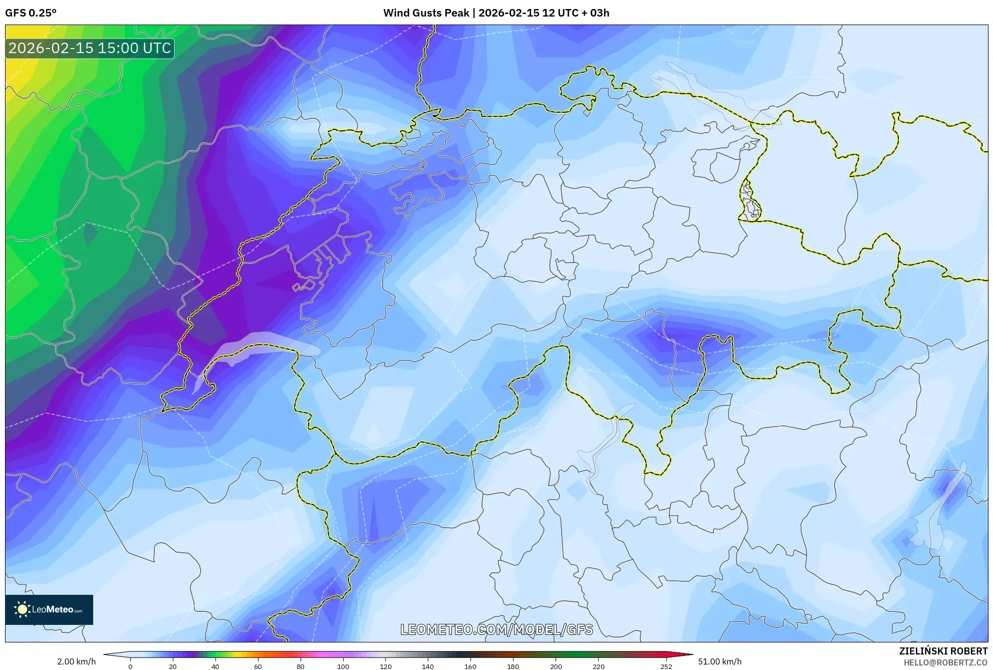 GFS model - Switzerland, Wind Gusts Peak