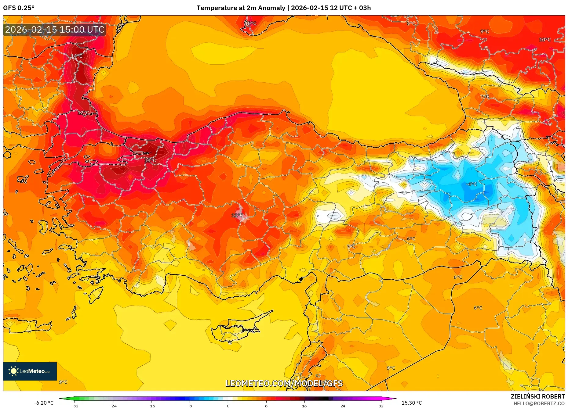 GFS model - Turkey, Temperature at 2m Anomaly