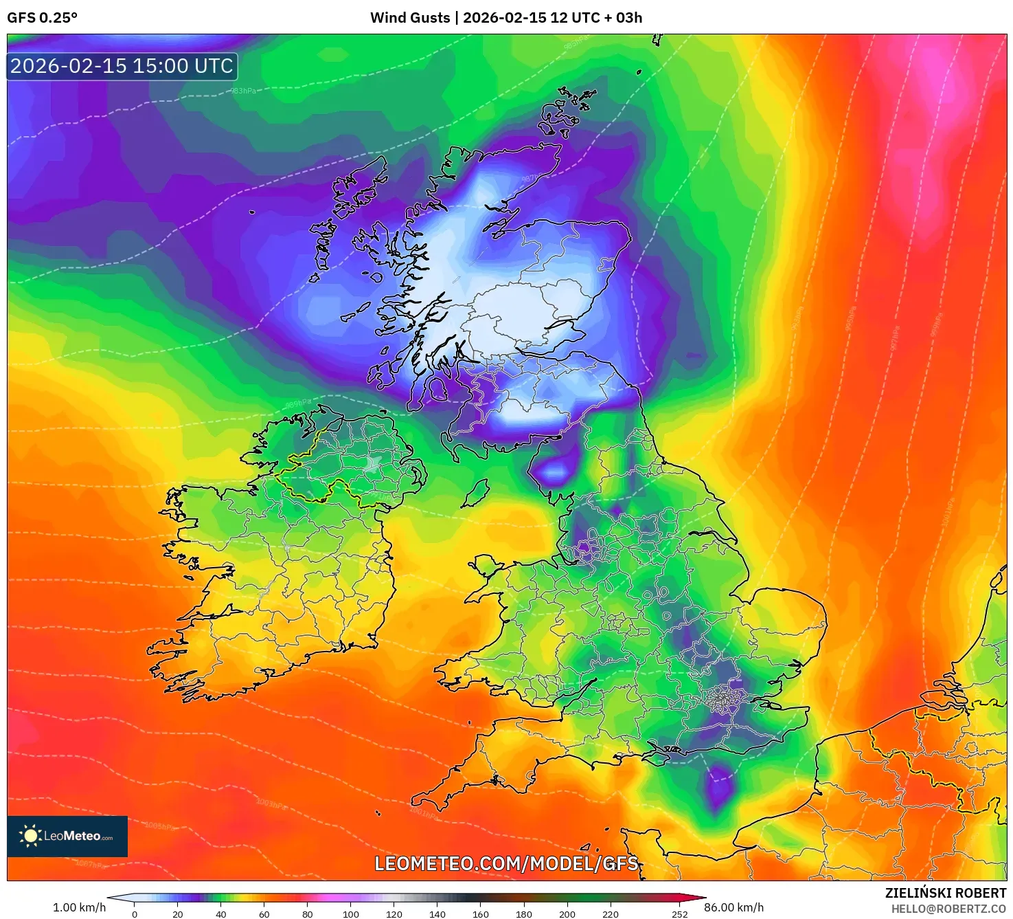 GFS model - United Kingdom, Wind Gusts