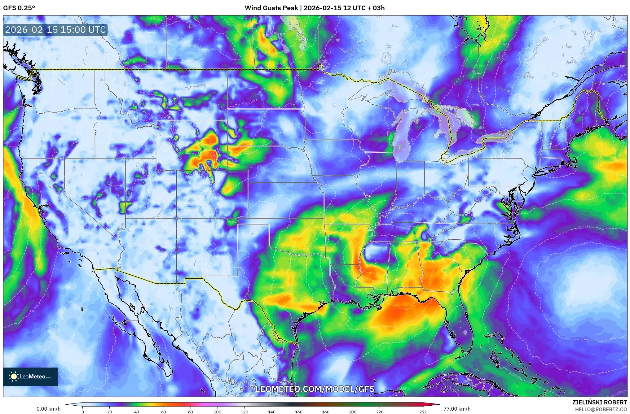 GFS model - United States, Wind Gusts Peak