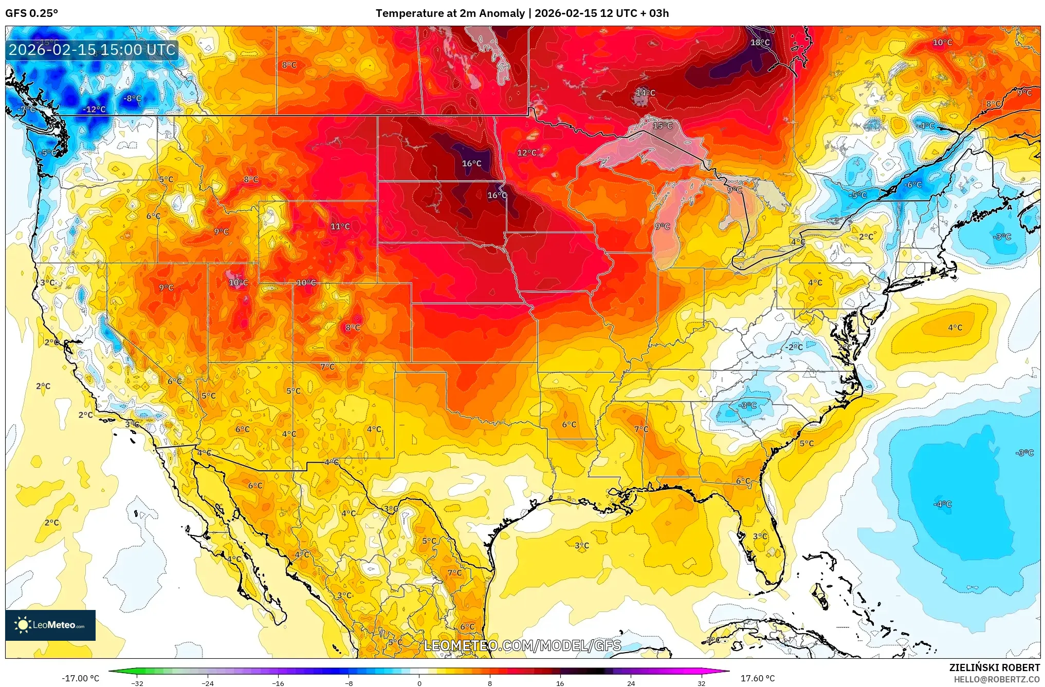 GFS model - United States, Temperature at 2m Anomaly