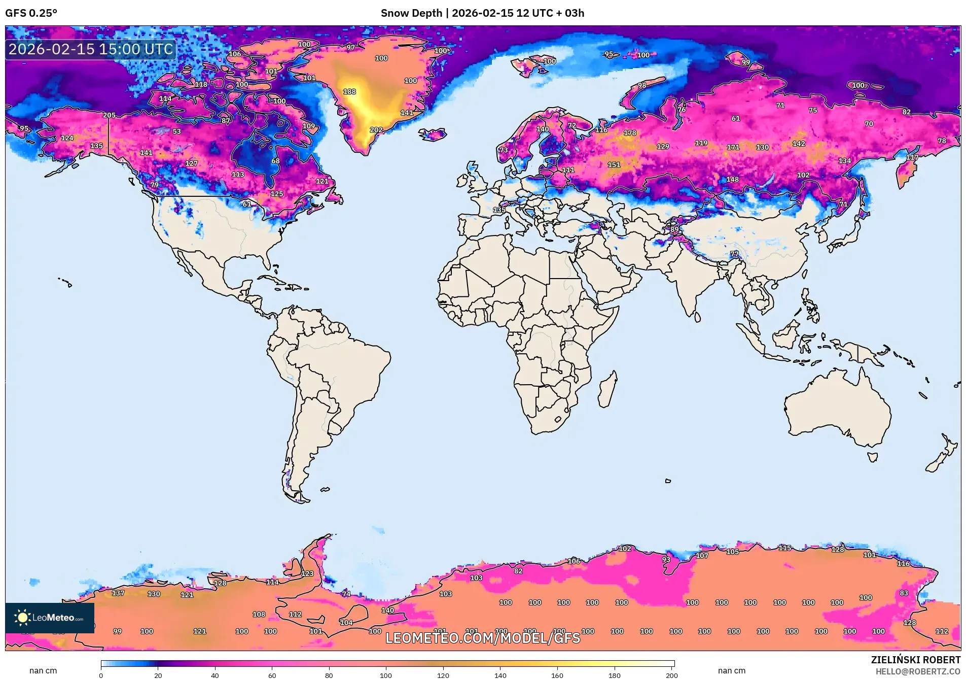 GFS model - World, Snow Depth