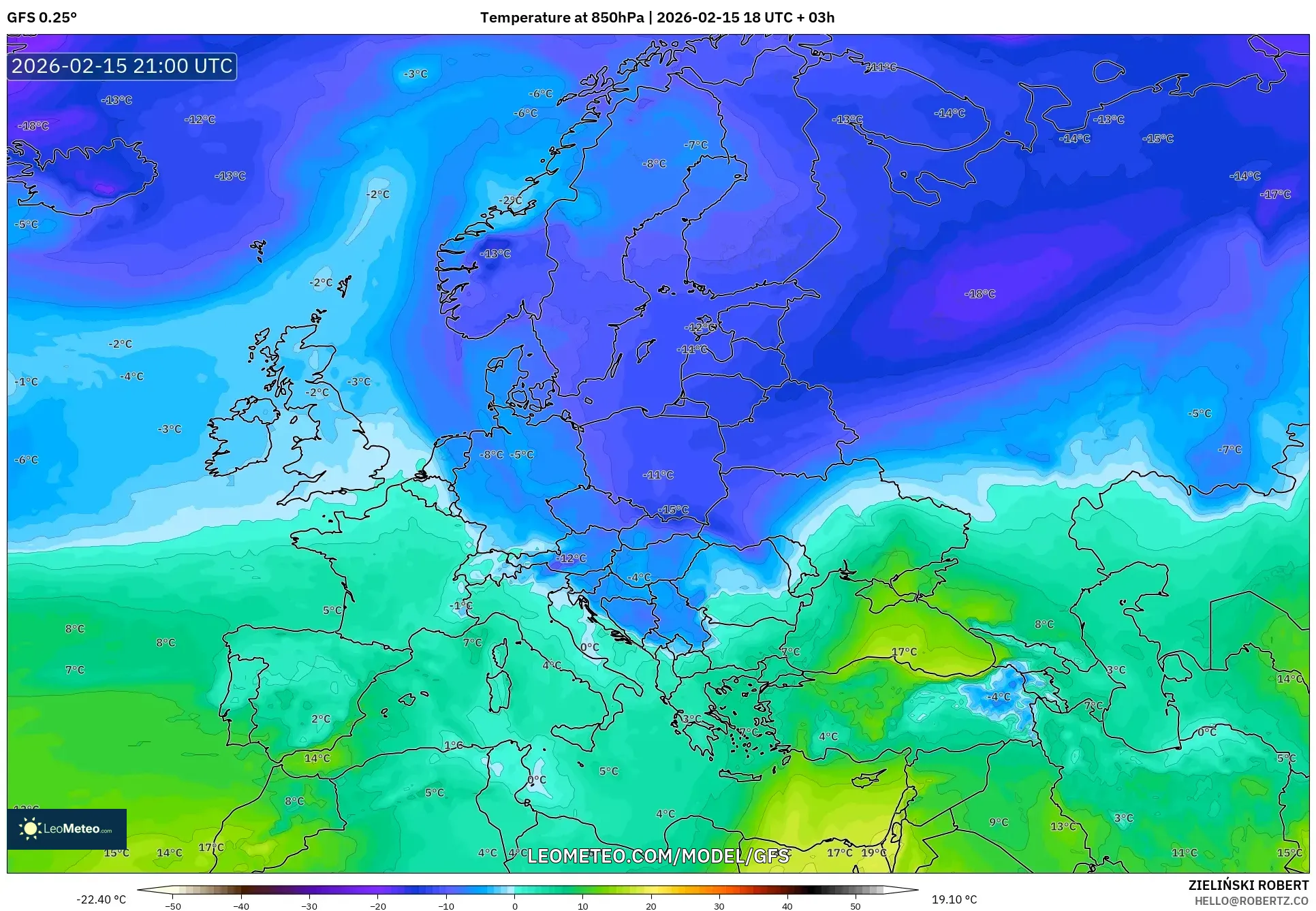 GFS model - Europe, Temperature at 850hPa