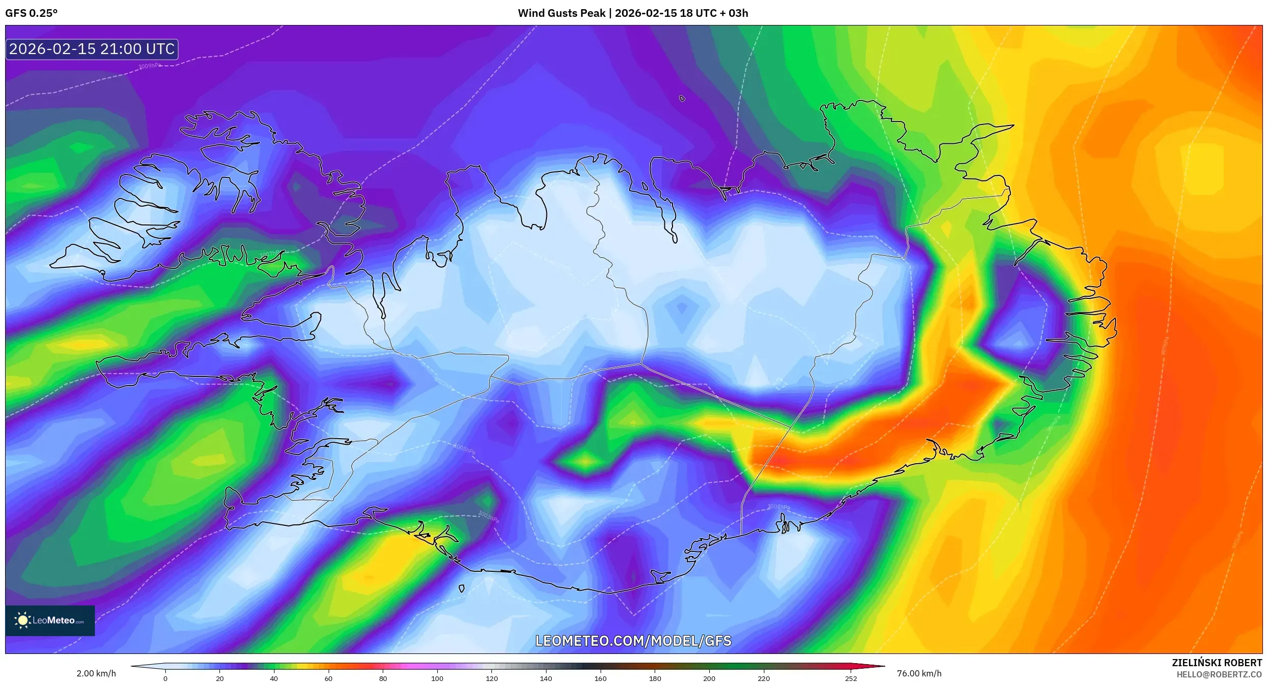 GFS model - Iceland, Wind Gusts Peak