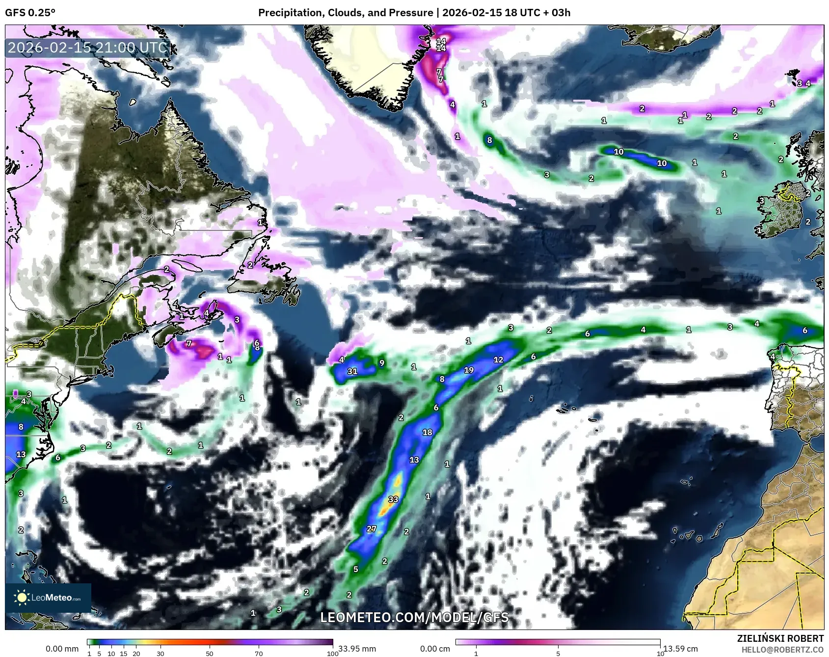 GFS model - North Atlantic, Precipitation, Clouds, and Pressure