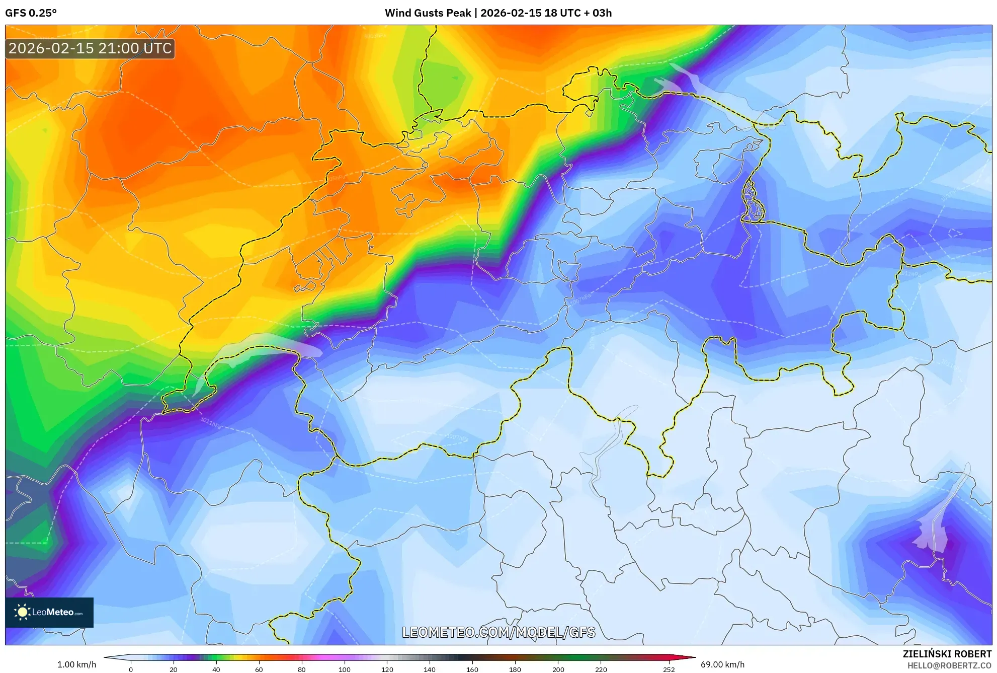 GFS model - Switzerland, Wind Gusts Peak