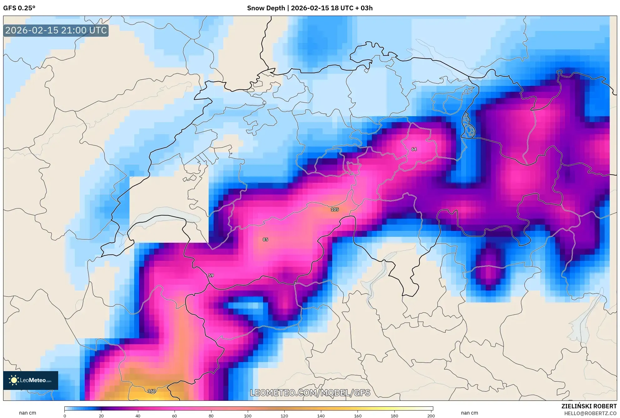 GFS model - Switzerland, Snow Depth