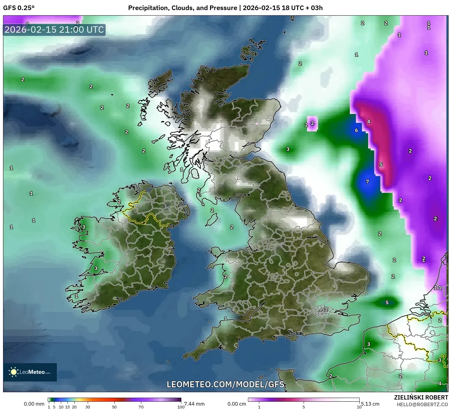 GFS model - United Kingdom, Precipitation, Clouds, and Pressure