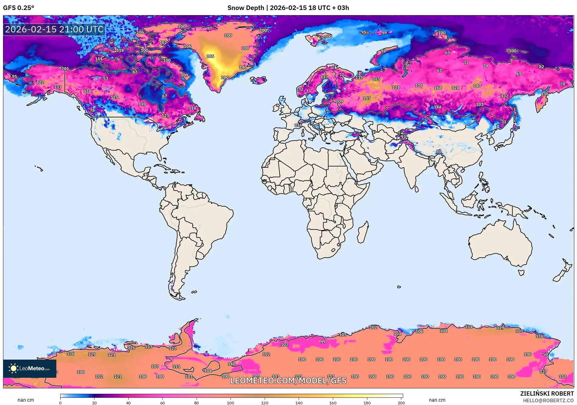 GFS model - World, Snow Depth