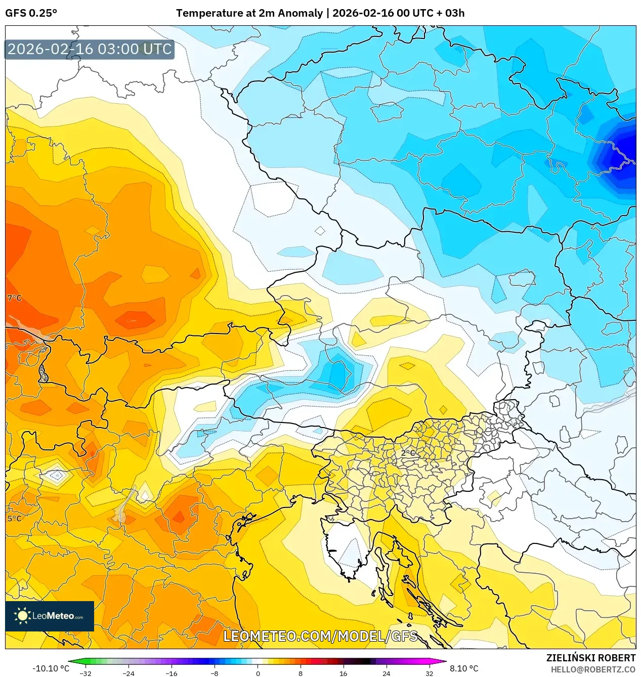 GFS model - Austria, Temperature at 2m Anomaly