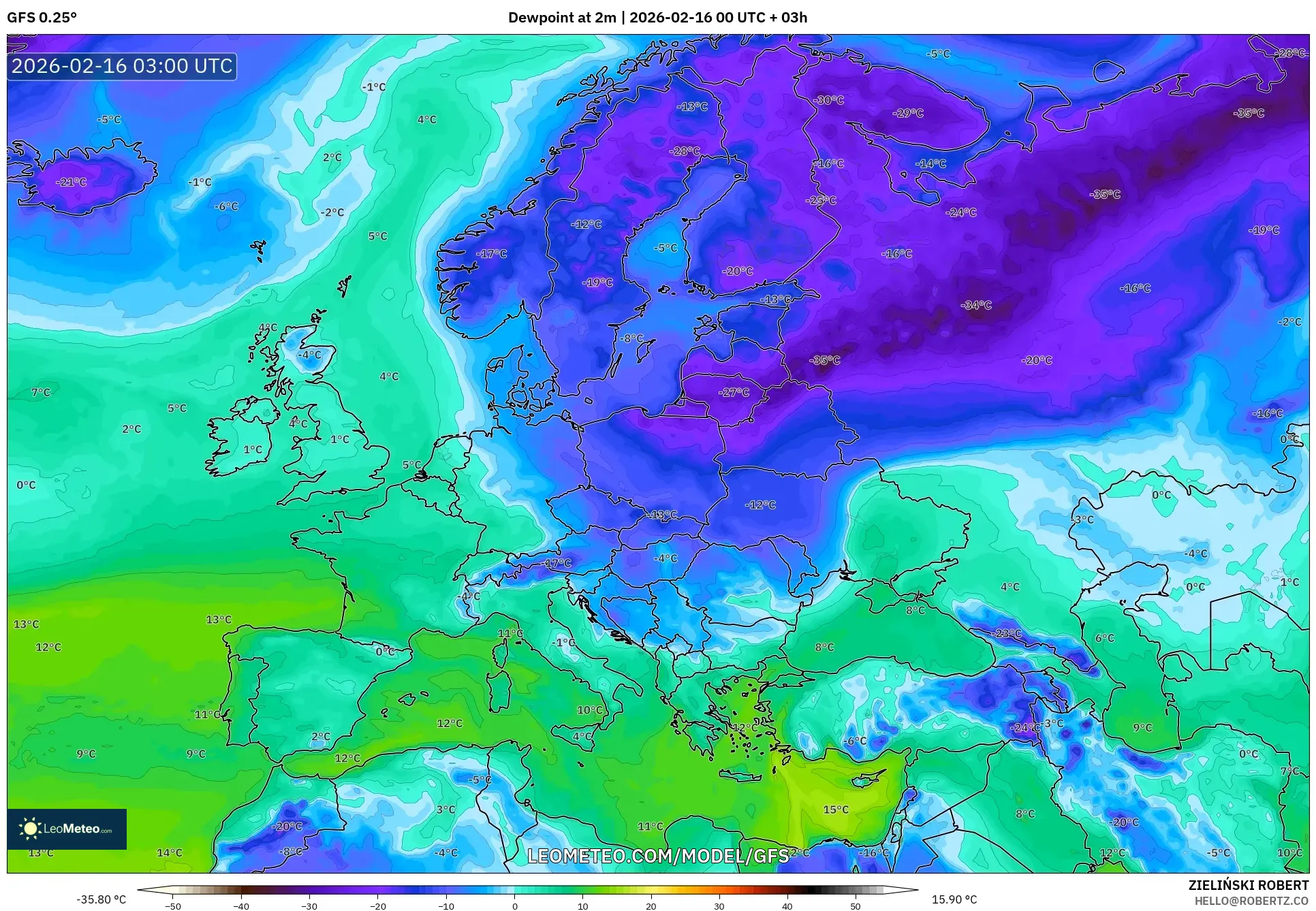 GFS model - Europe, Dewpoint at 2m