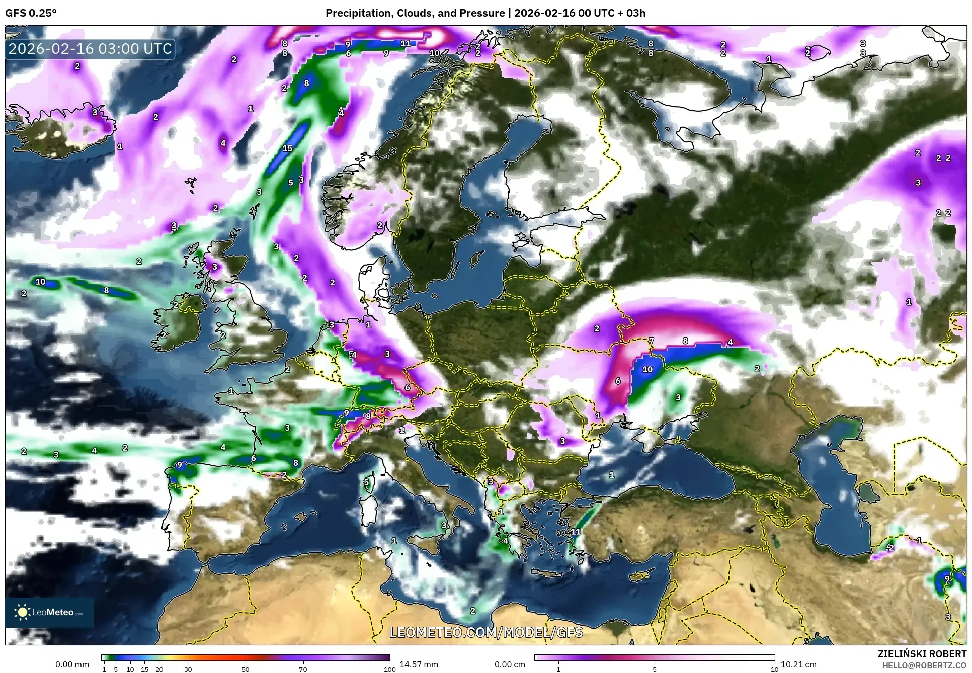 GFS model - Europe, Precipitation, Clouds, and Pressure