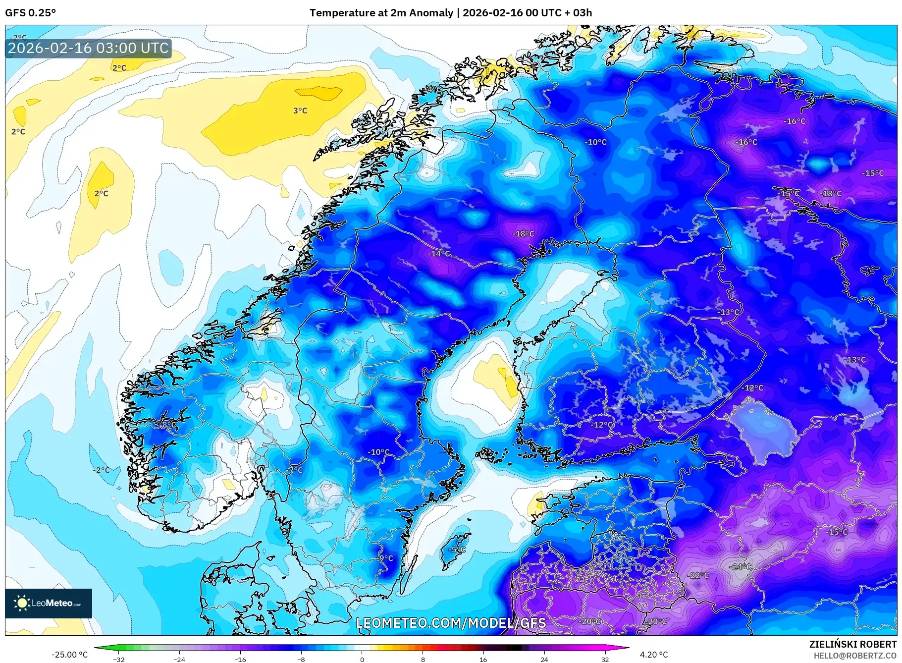 GFS model - Scandinavia, Temperature at 2m Anomaly