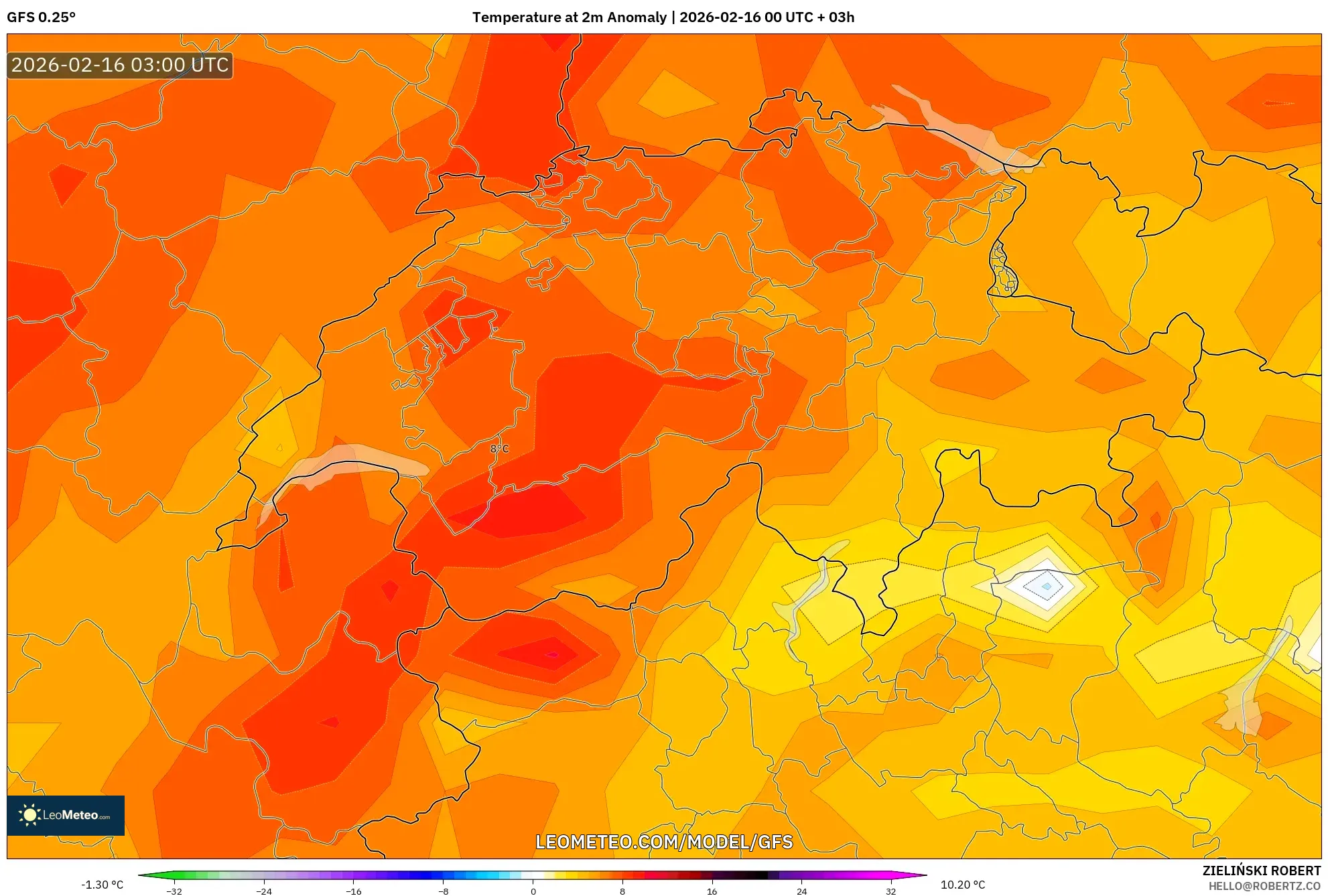 GFS model - Switzerland, Temperature at 2m Anomaly