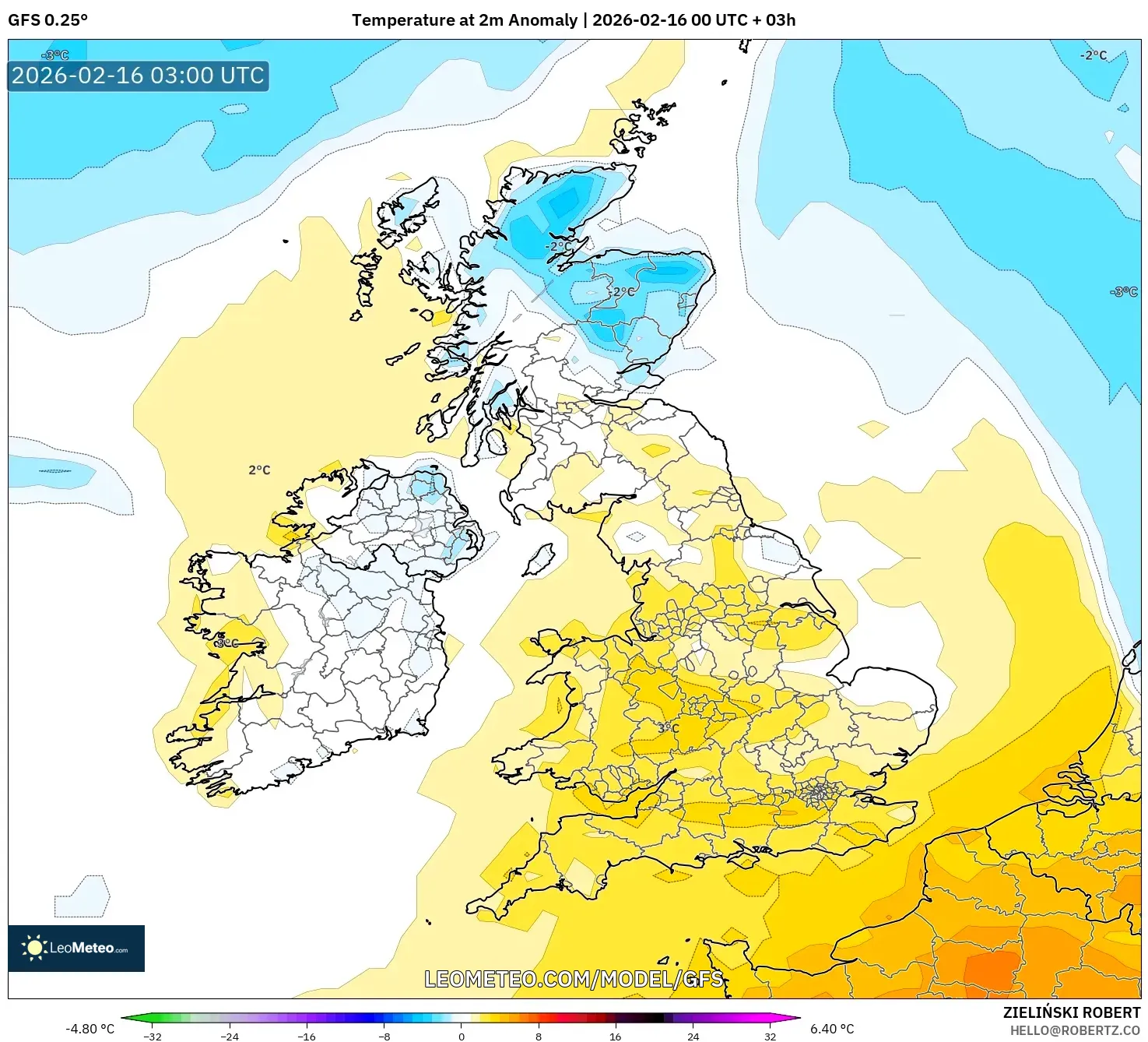 GFS model - United Kingdom, Temperature at 2m Anomaly