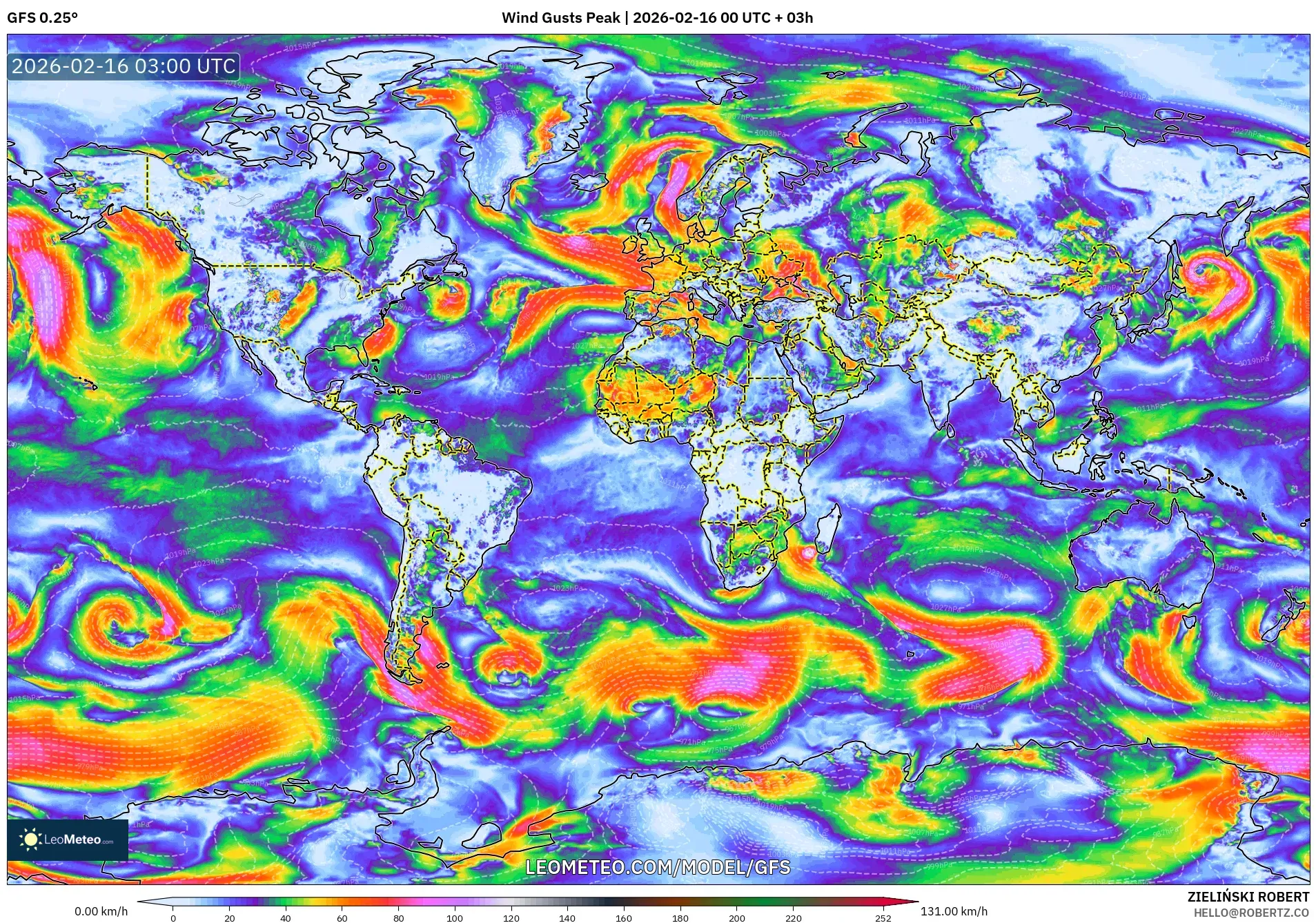 GFS model - World, Wind Gusts Peak