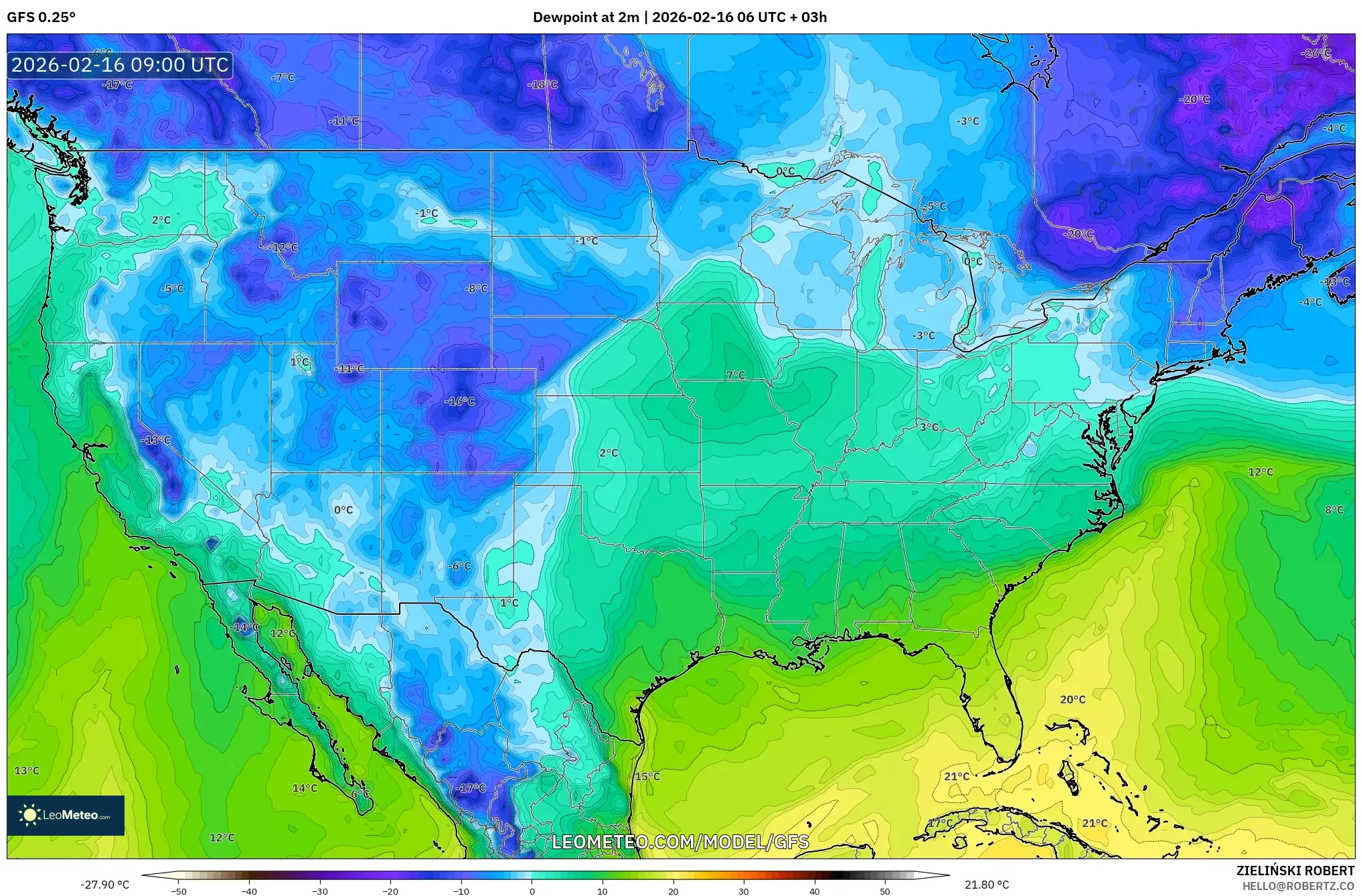GFS model - United States, Dewpoint at 2m