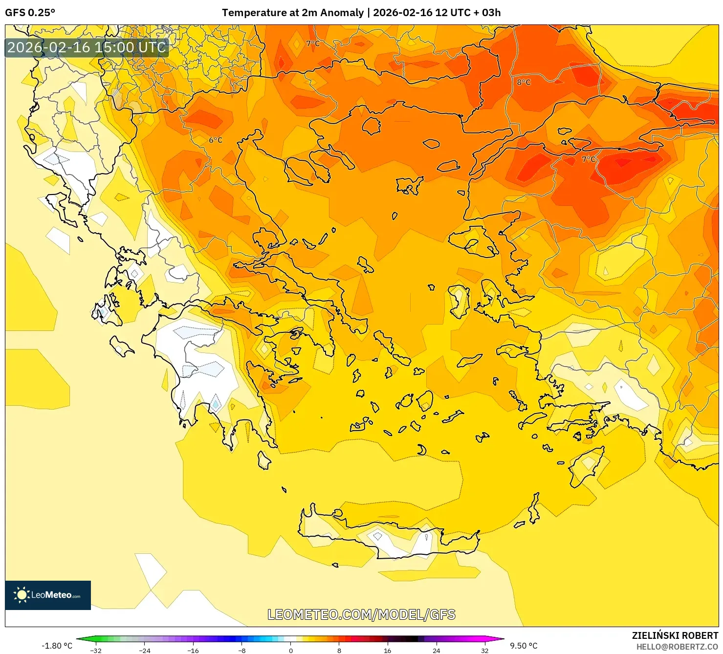 GFS model - Greece, Temperature at 2m Anomaly