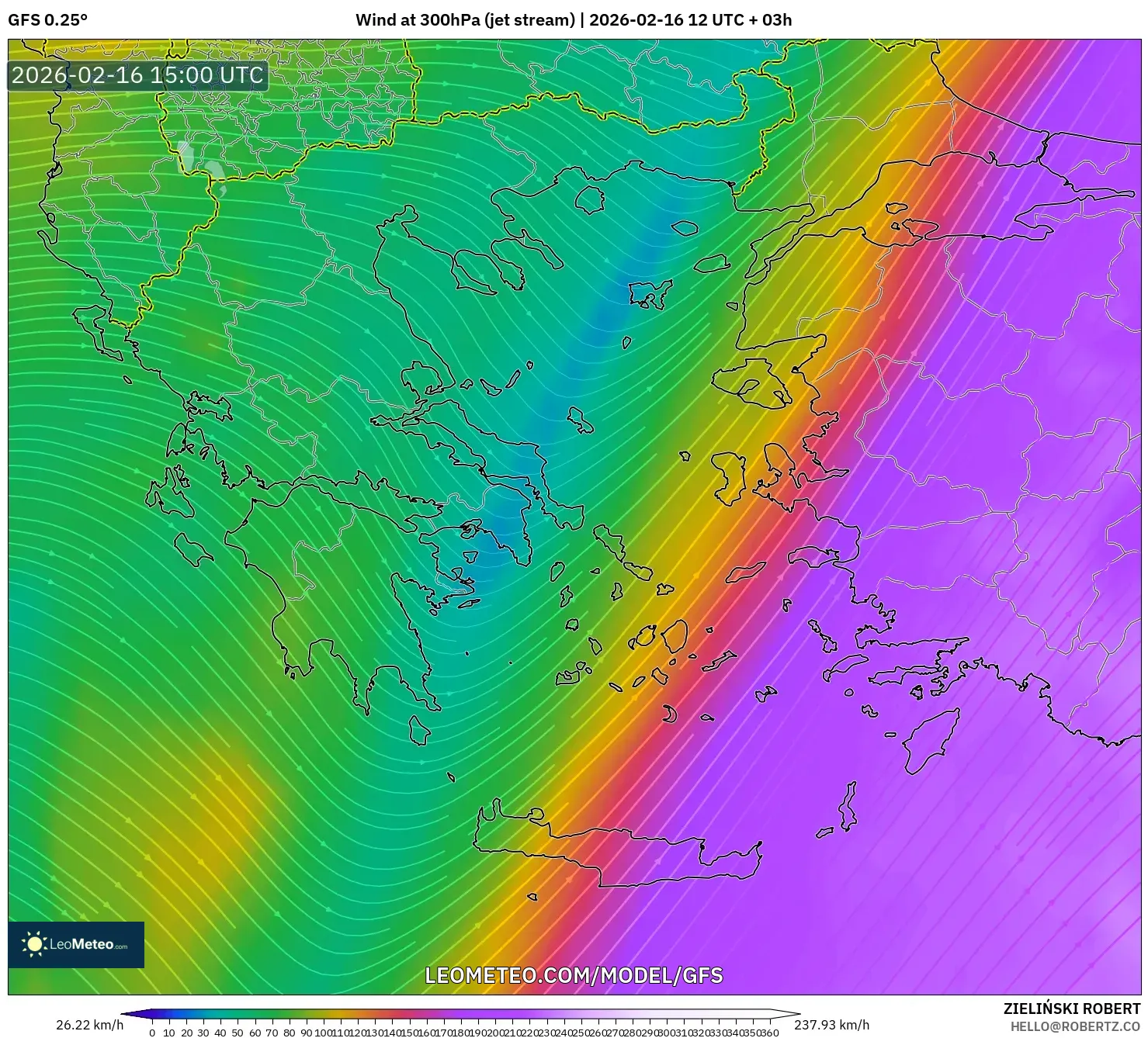 GFS model - Greece, Wind at 300hPa (jet stream)