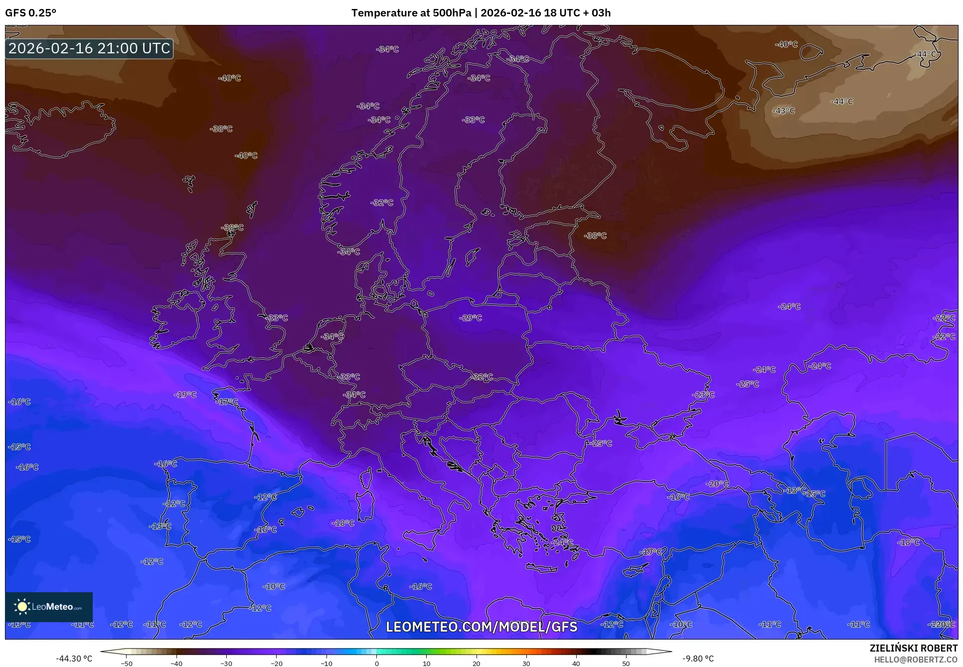 GFS model - Europe, Temperature at 500hPa