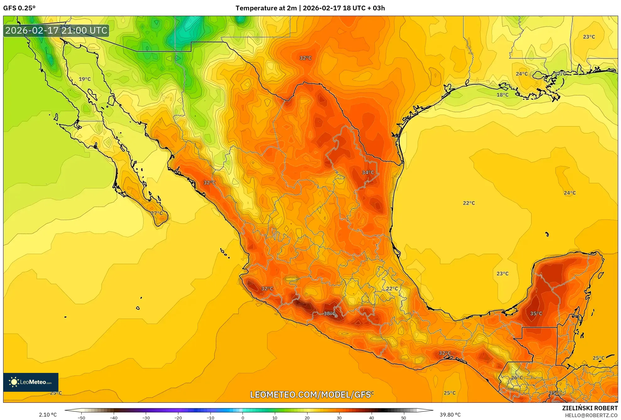 GFS model - Mexico, Temperature at 2m