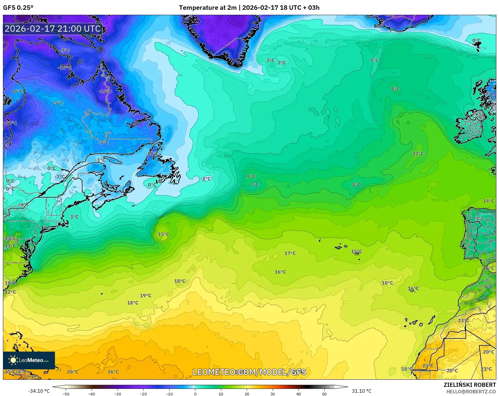 GFS model - North Atlantic, Temperature at 2m