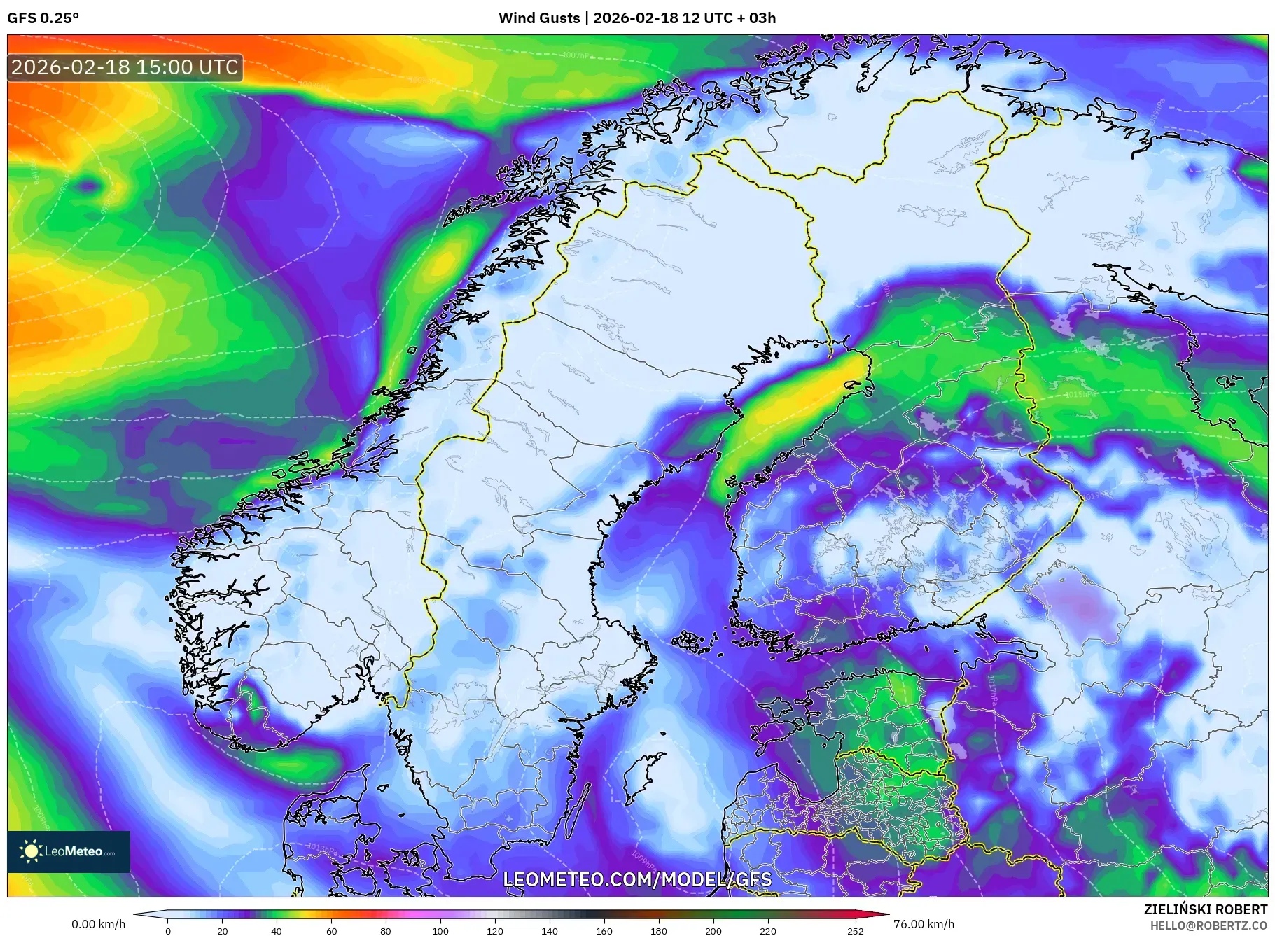 GFS model - Scandinavia, Wind Gusts