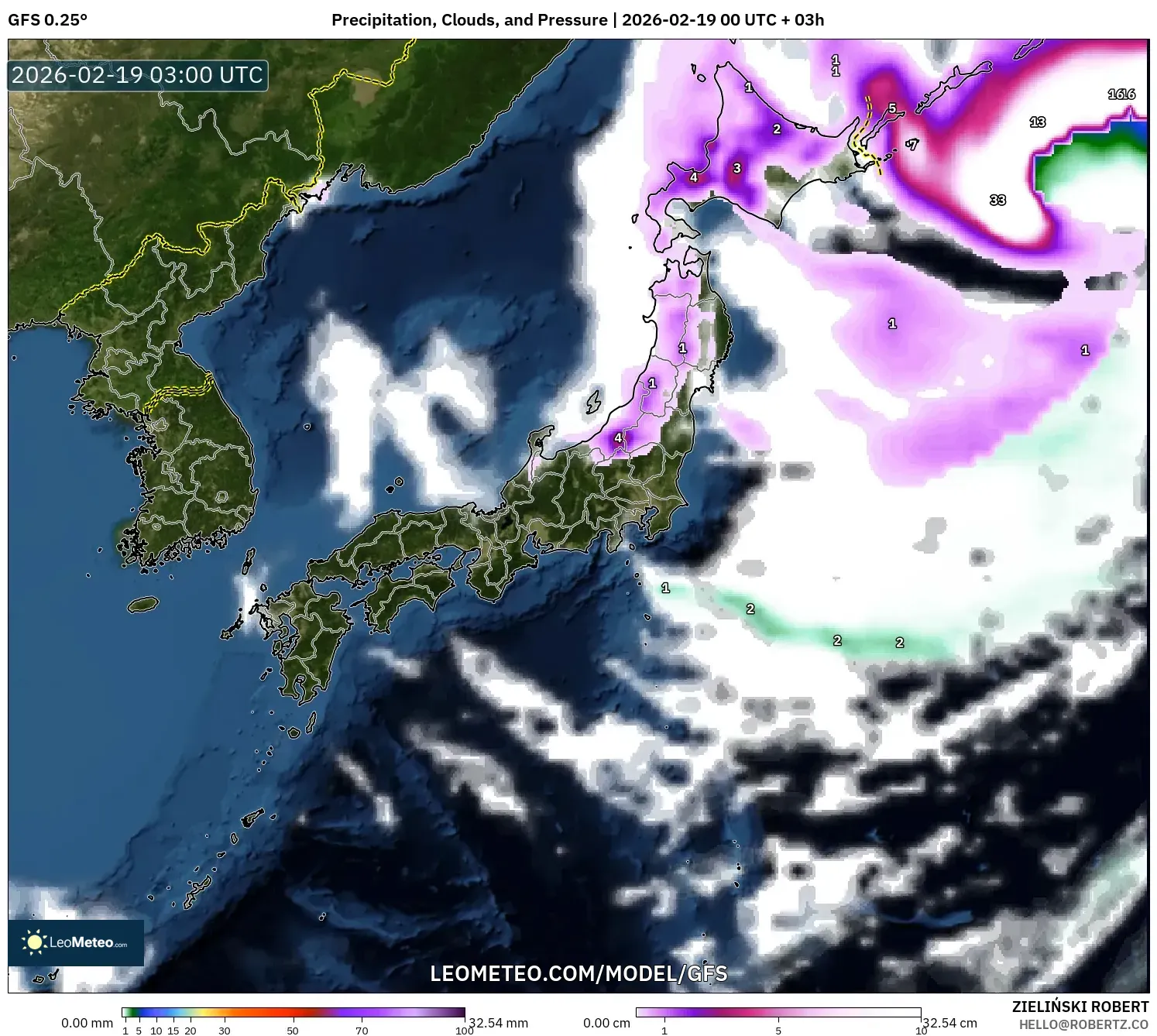 GFS model - Japan, Precipitation, Clouds, and Pressure