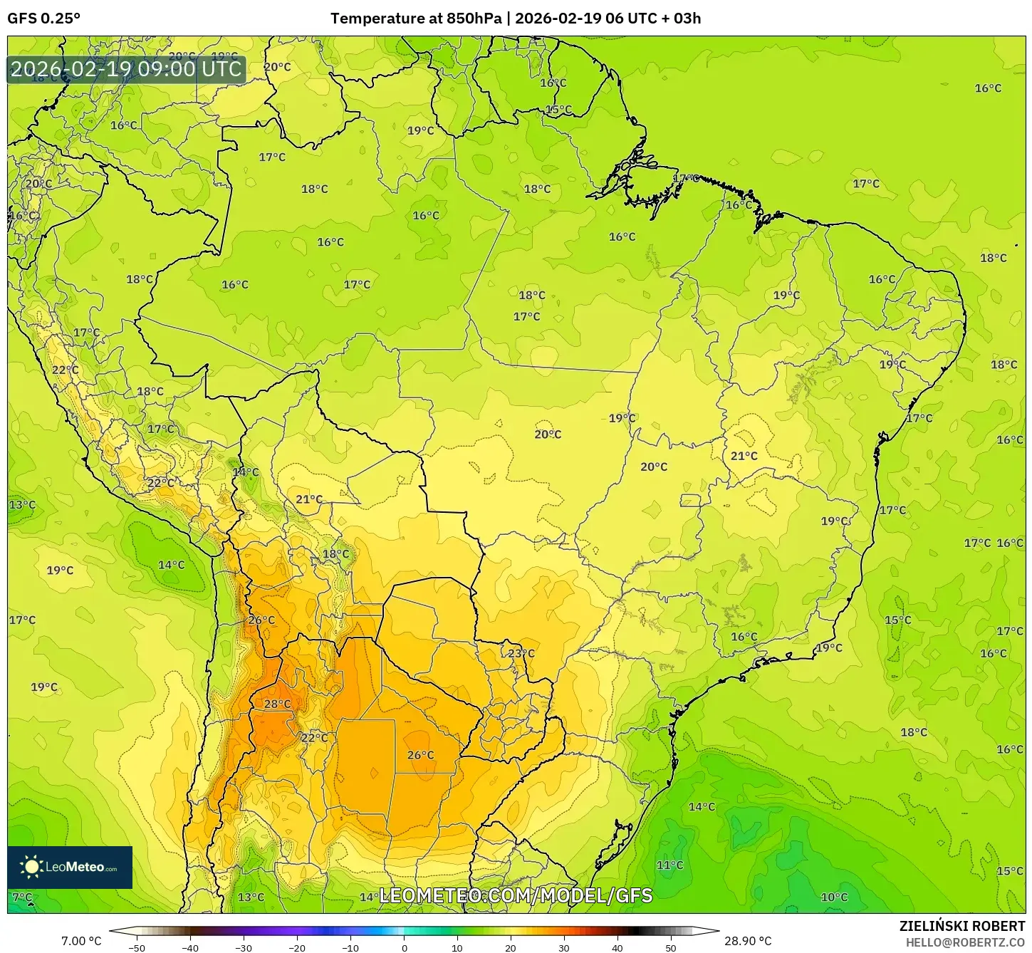 GFS model - Brazil, Temperature at 850hPa