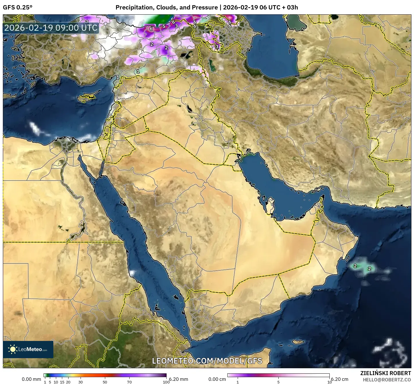 GFS model - Middle East, Precipitation, Clouds, and Pressure