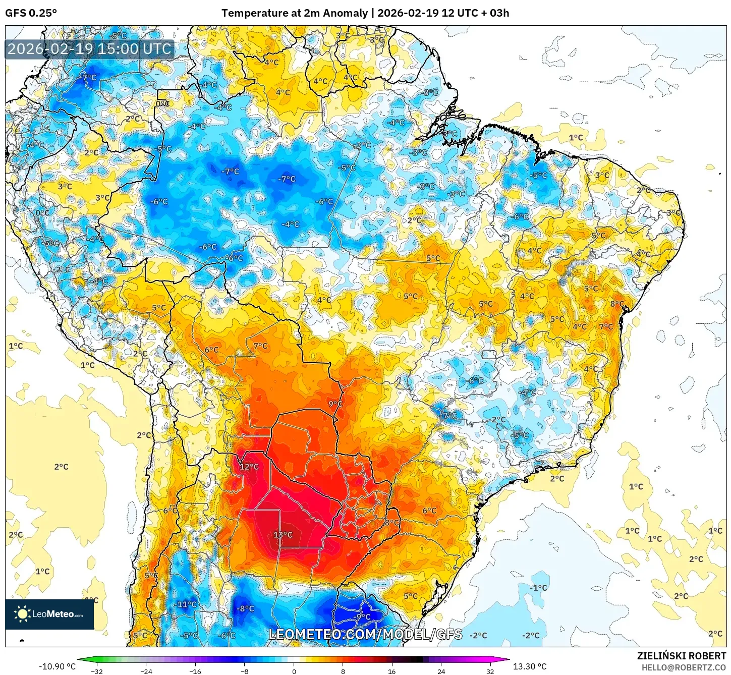 GFS model - Brazil, Temperature at 2m Anomaly