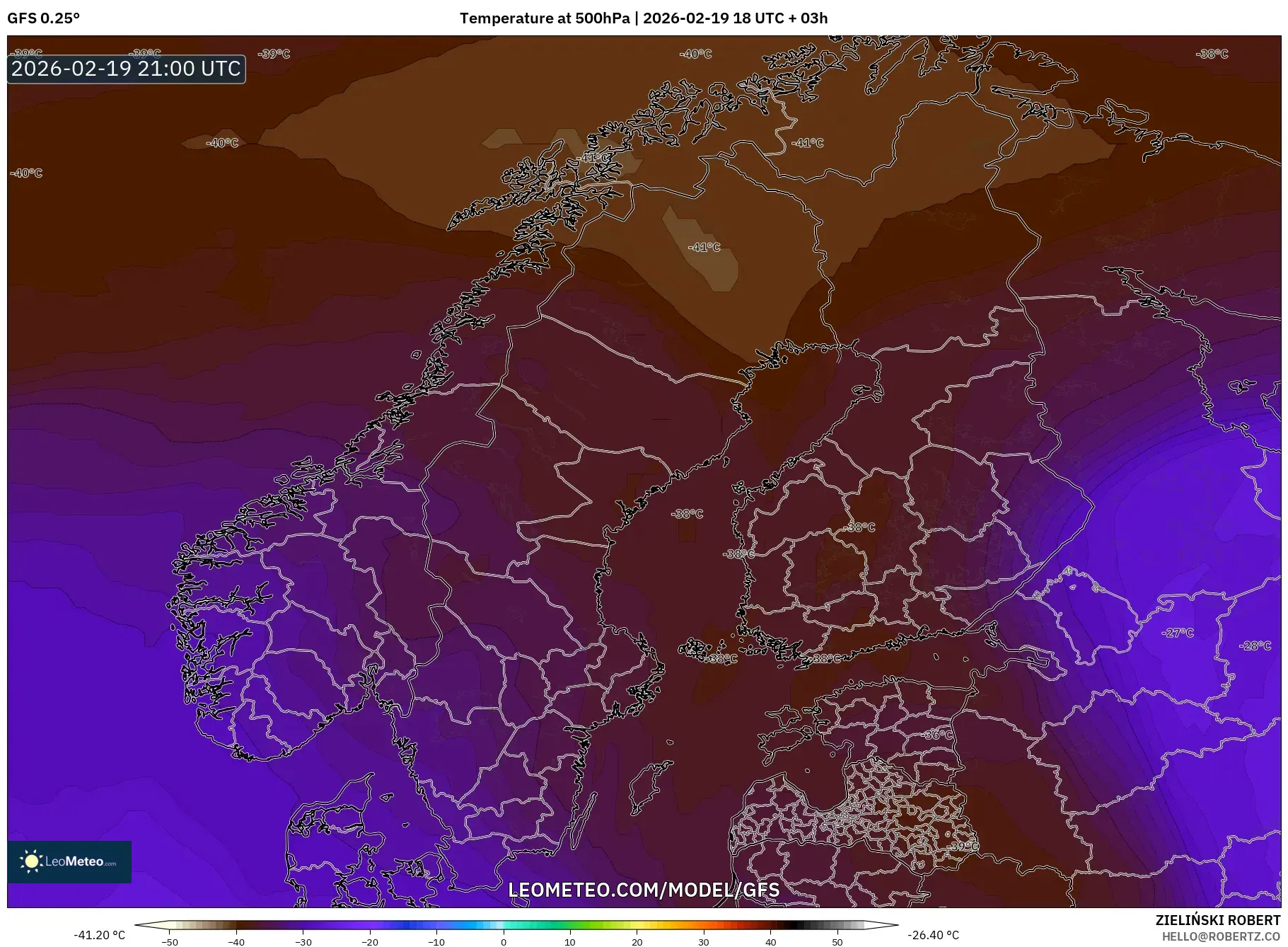 GFS model - Scandinavia, Temperature at 500hPa
