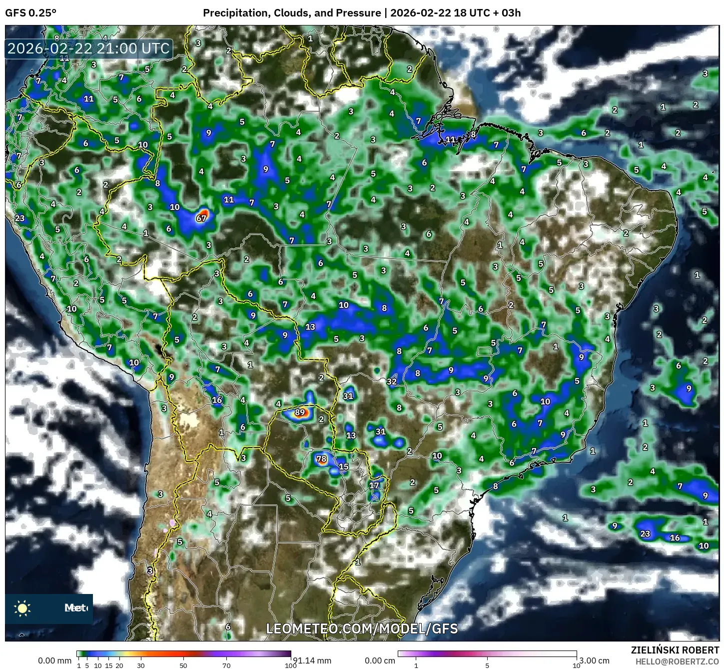 GFS model - البرازيل, الهطول والغيوم والضغط