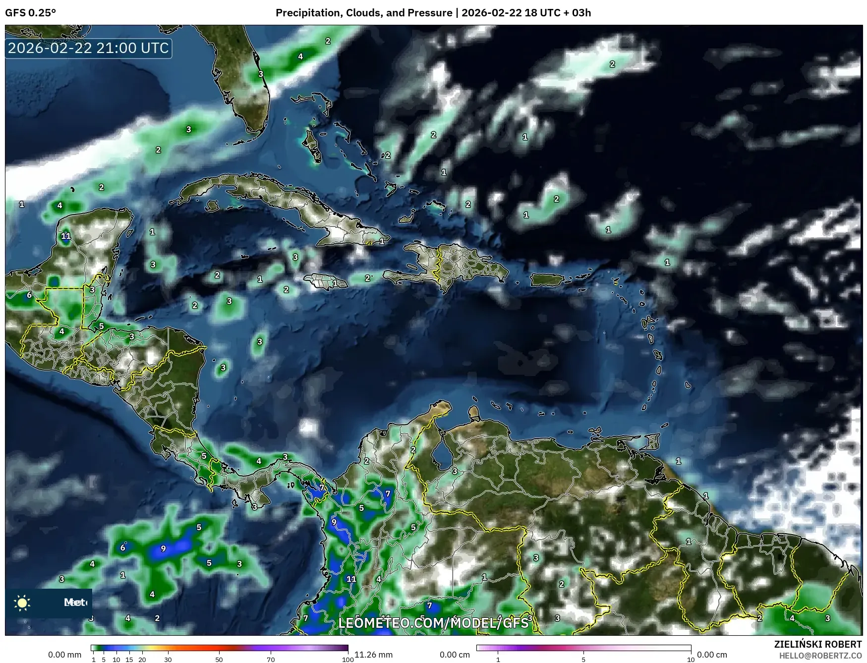 GFS model - الكاريبي, الهطول والغيوم والضغط