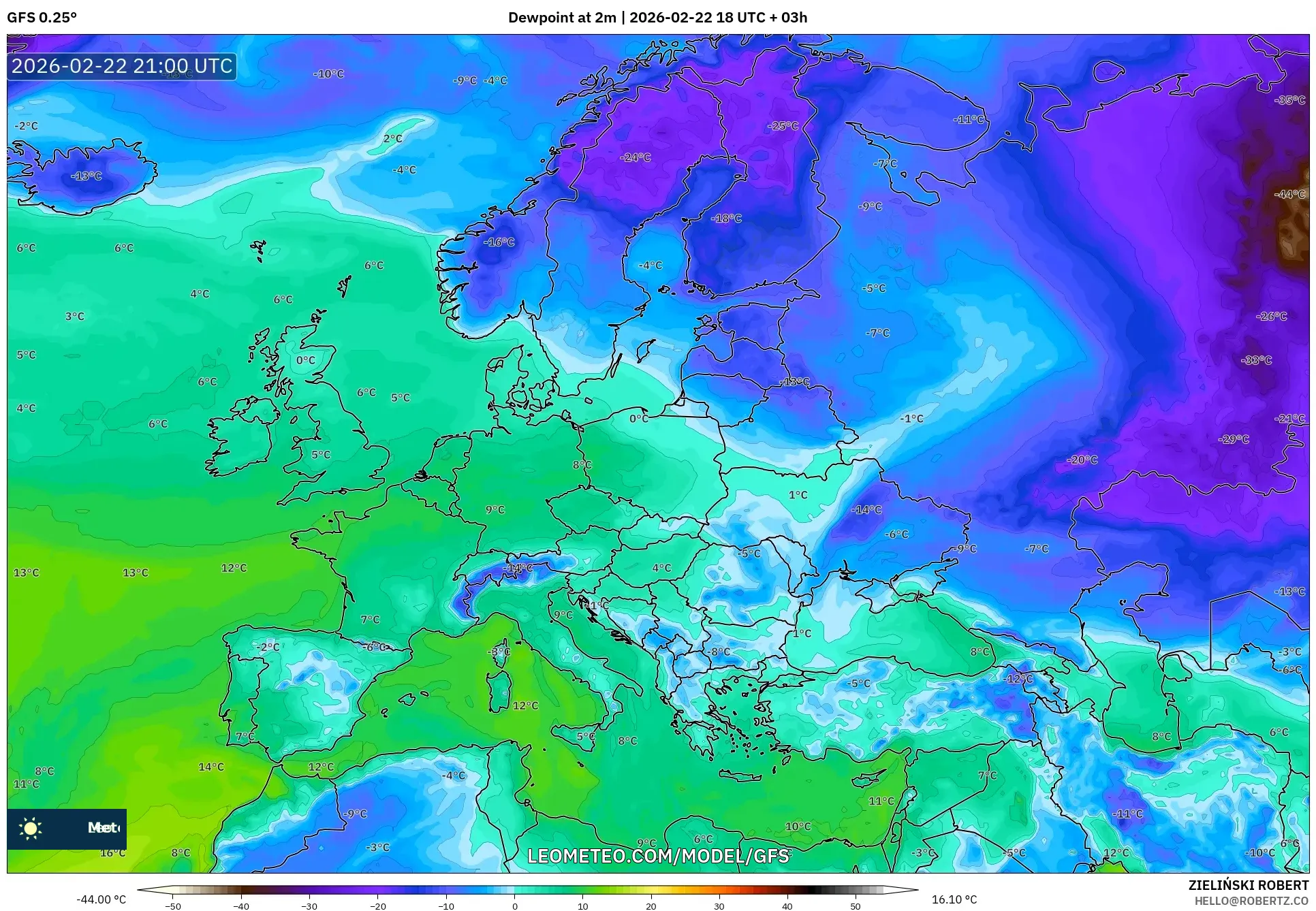 GFS model - أوروبا, نقطة الندى 2 م