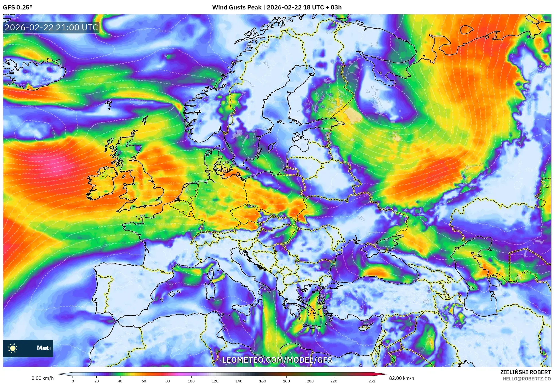 GFS model - أوروبا, أقصى هبة