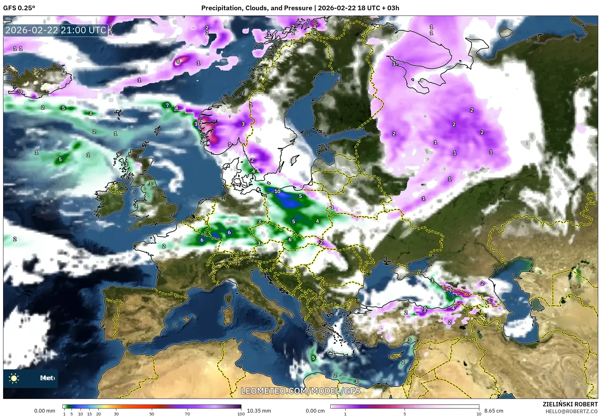 GFS model - أوروبا, الهطول والغيوم والضغط