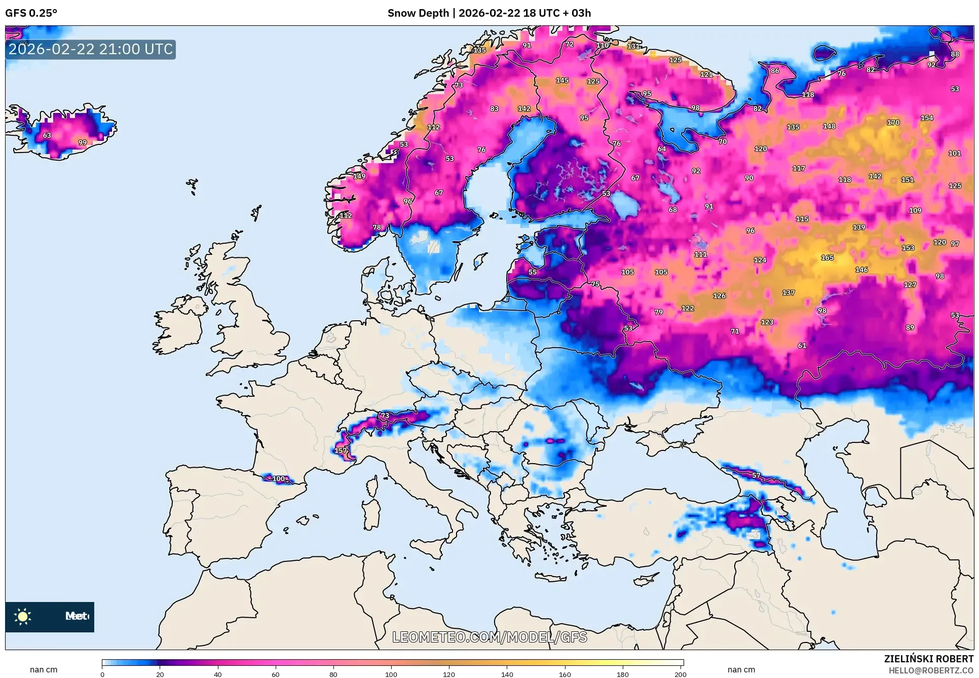 GFS model - أوروبا, عمق الثلج