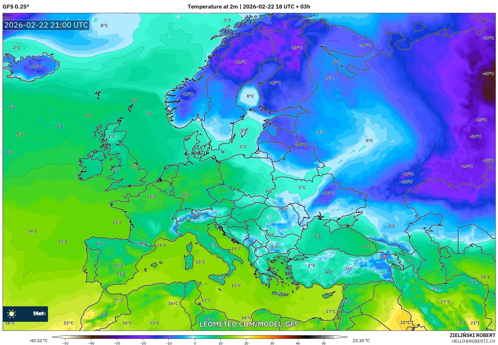 GFS model - أوروبا, درجة الحرارة على ارتفاع 2 م