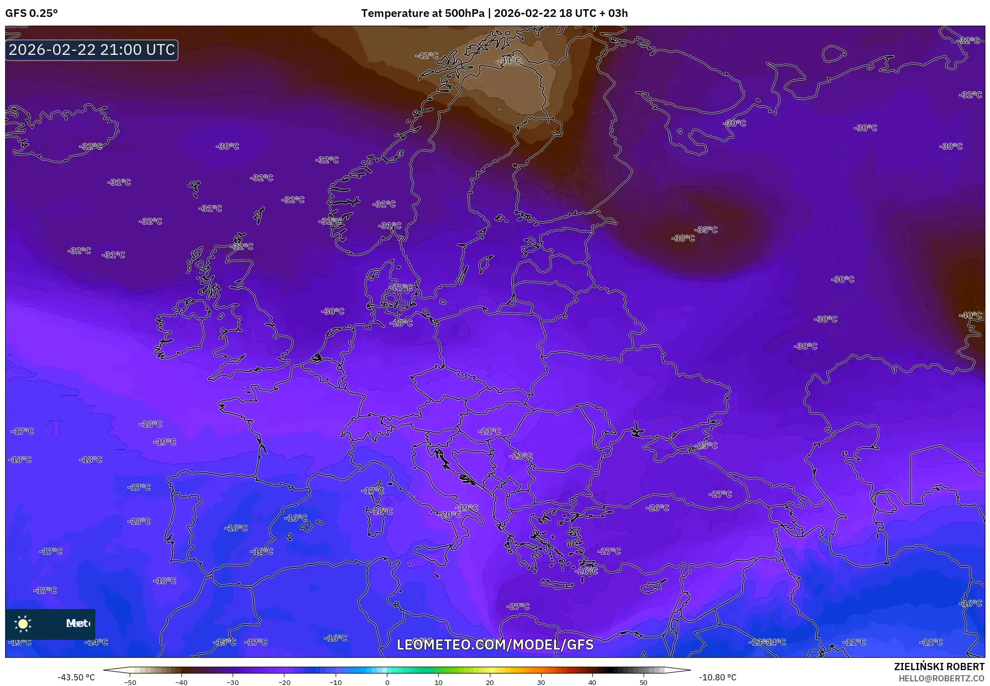 GFS model - أوروبا, درجة الحرارة 500 hPa