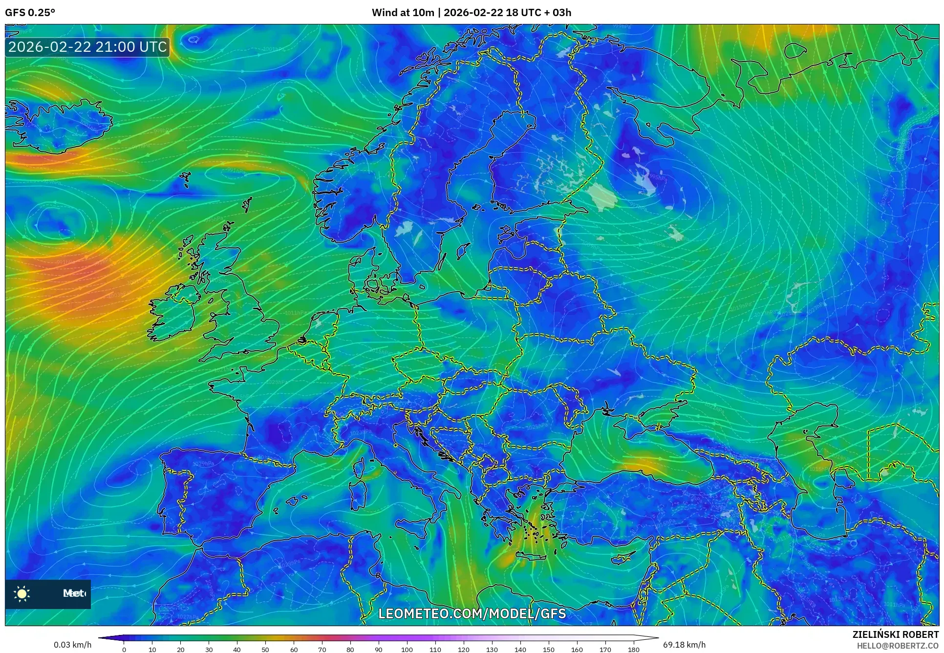 GFS model - أوروبا, رياح 10 م