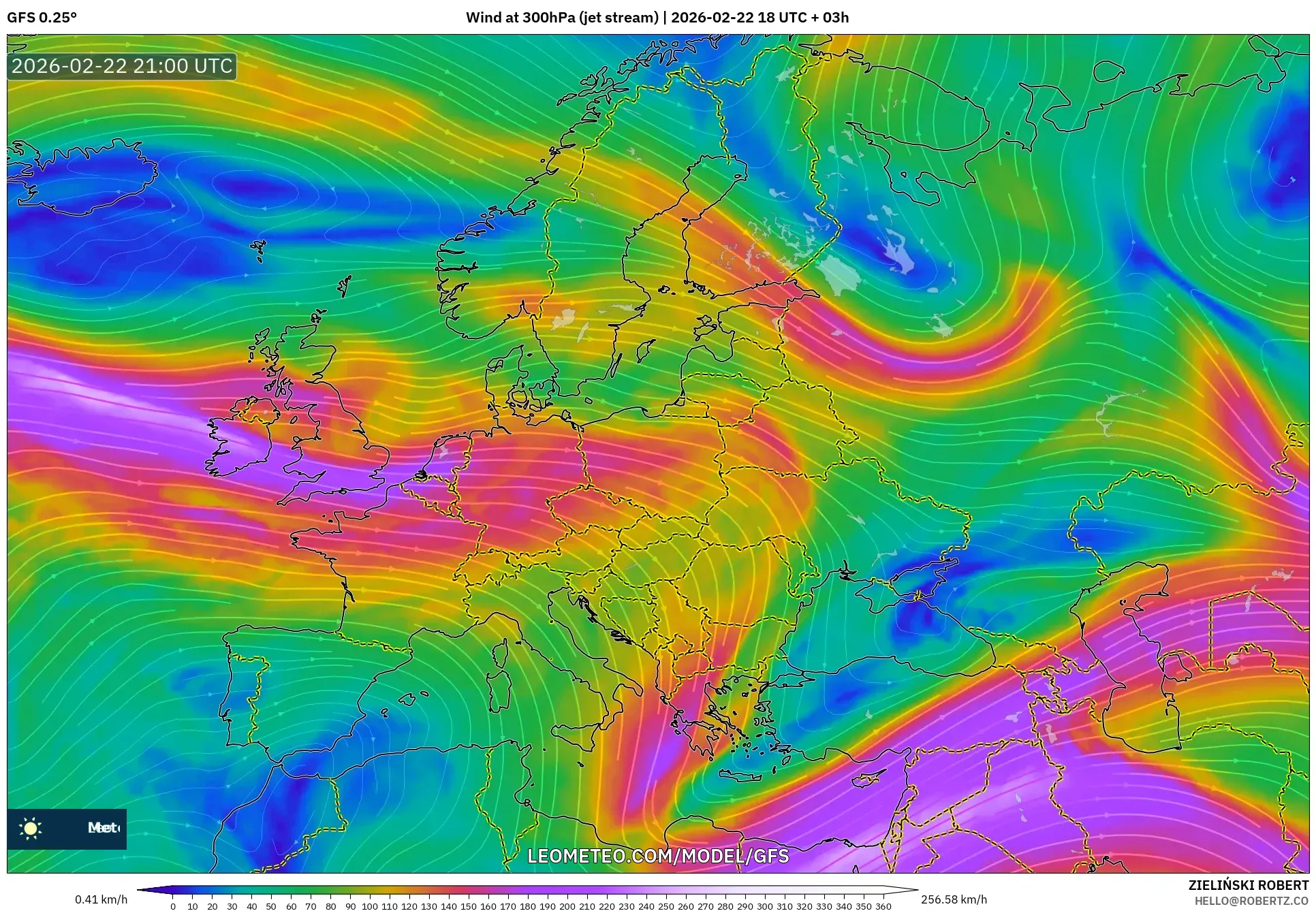 GFS model - أوروبا, رياح 300 hPa (تيار نفاث)