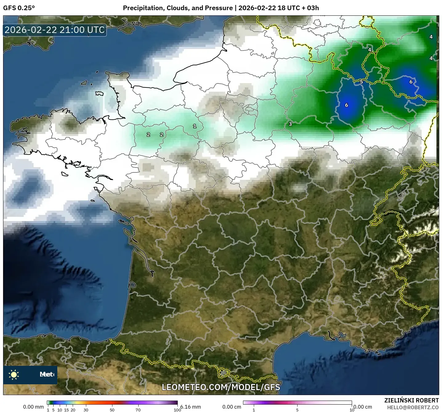 GFS model - فرنسا, الهطول والغيوم والضغط