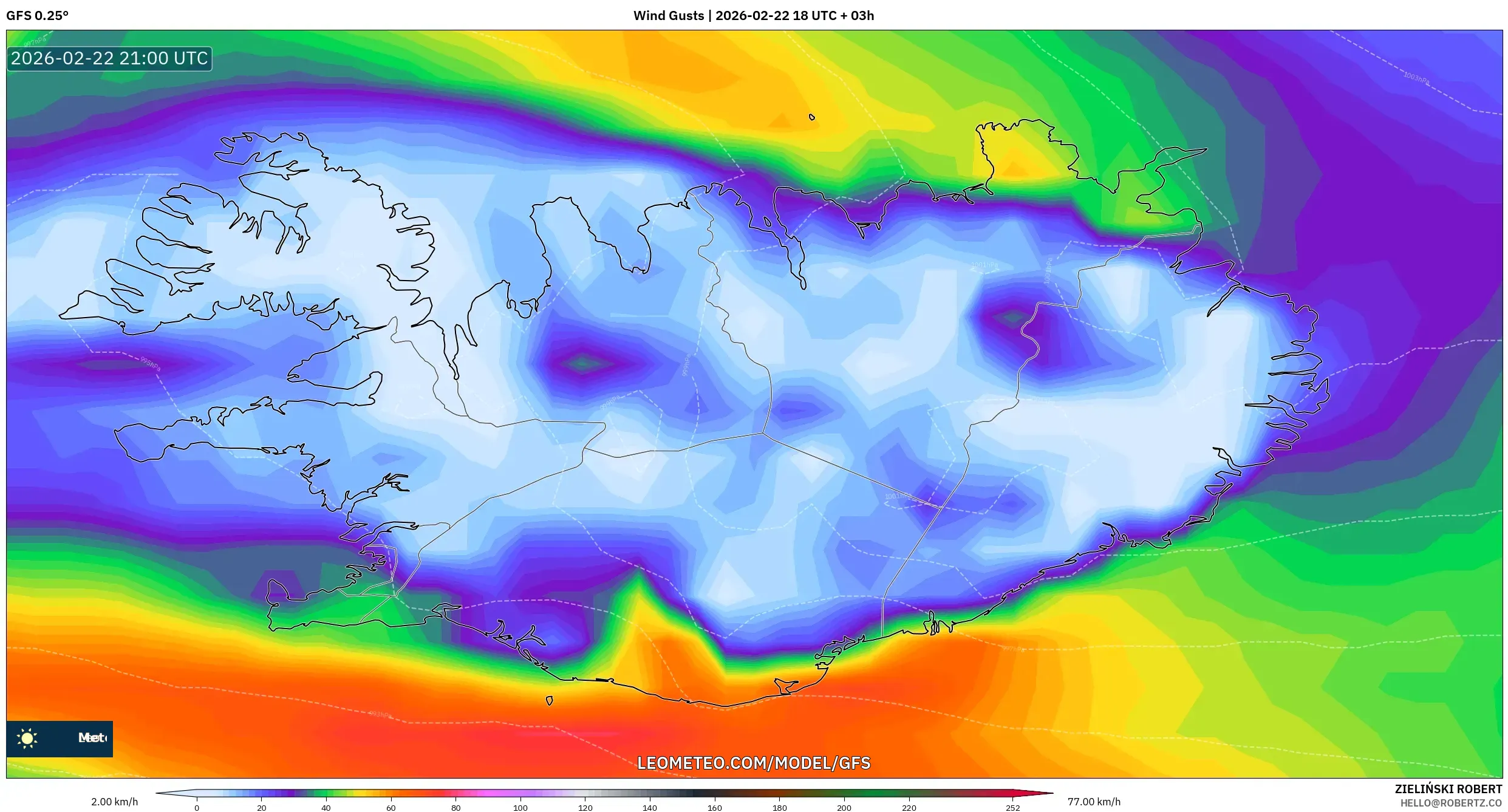GFS model - Iceland, Wind Gusts