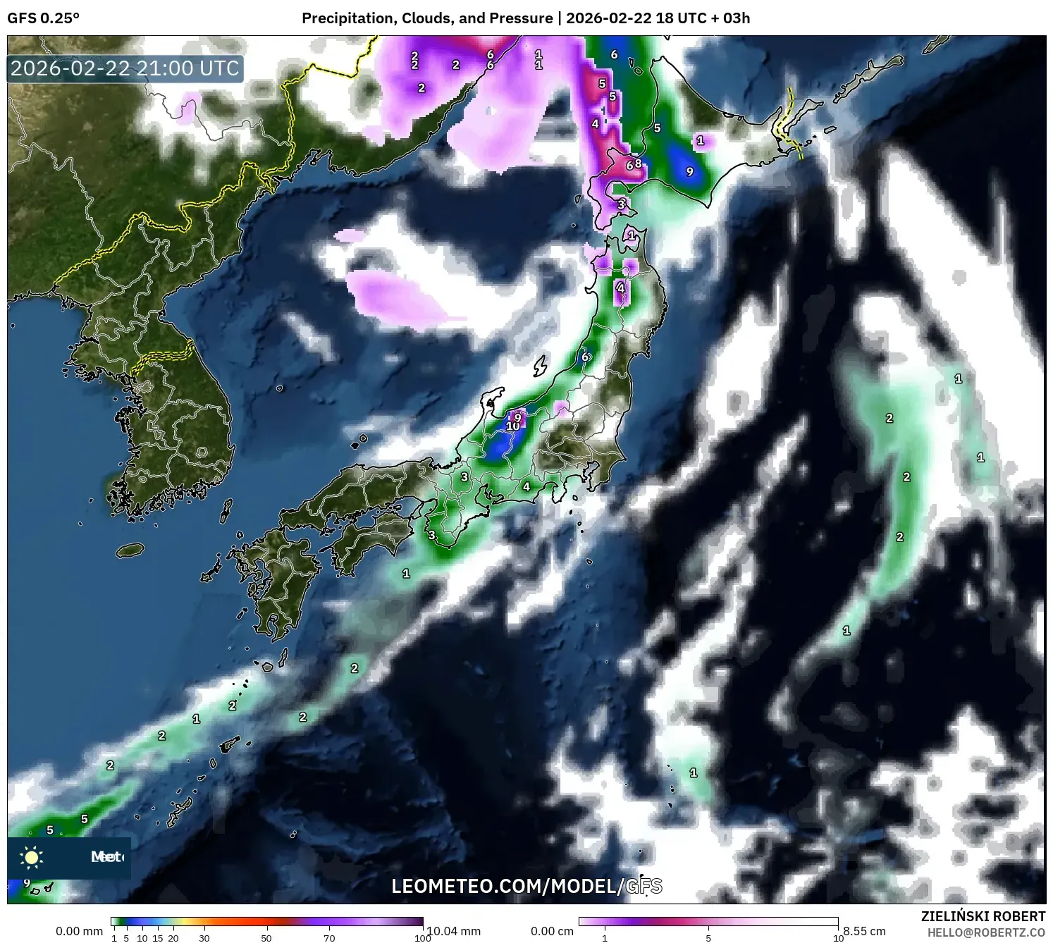 GFS model - اليابان, الهطول والغيوم والضغط