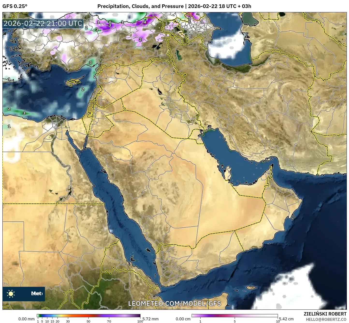GFS model - الشرق الأوسط, الهطول والغيوم والضغط